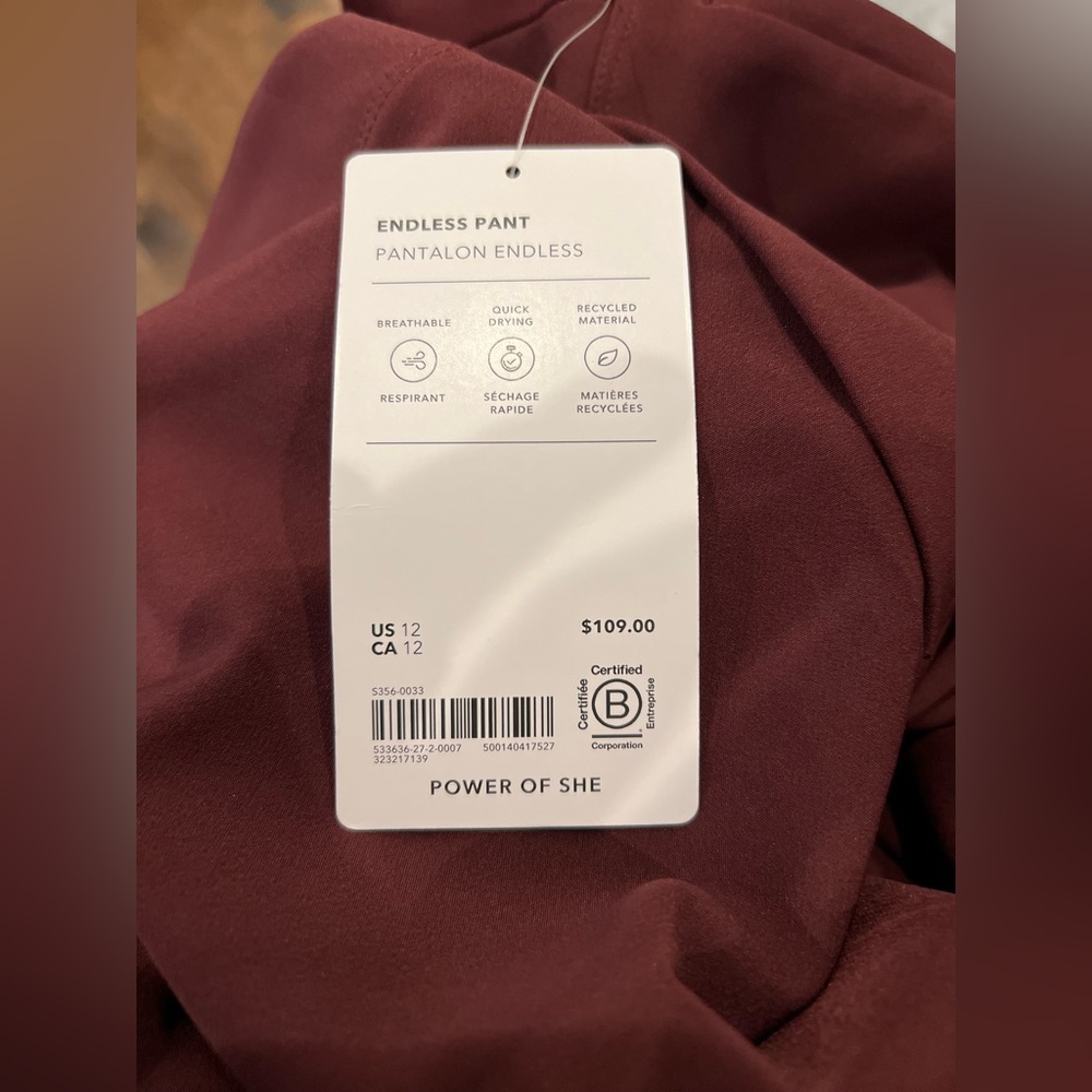 NWT-Athleta Maroon Endless Pant, Size 12, 6/P - Picture 8 of 9